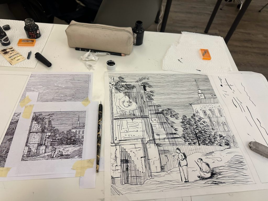 Photographie d’une planche de dessin à l’encre réalisée par une étudiante de prépa architecture